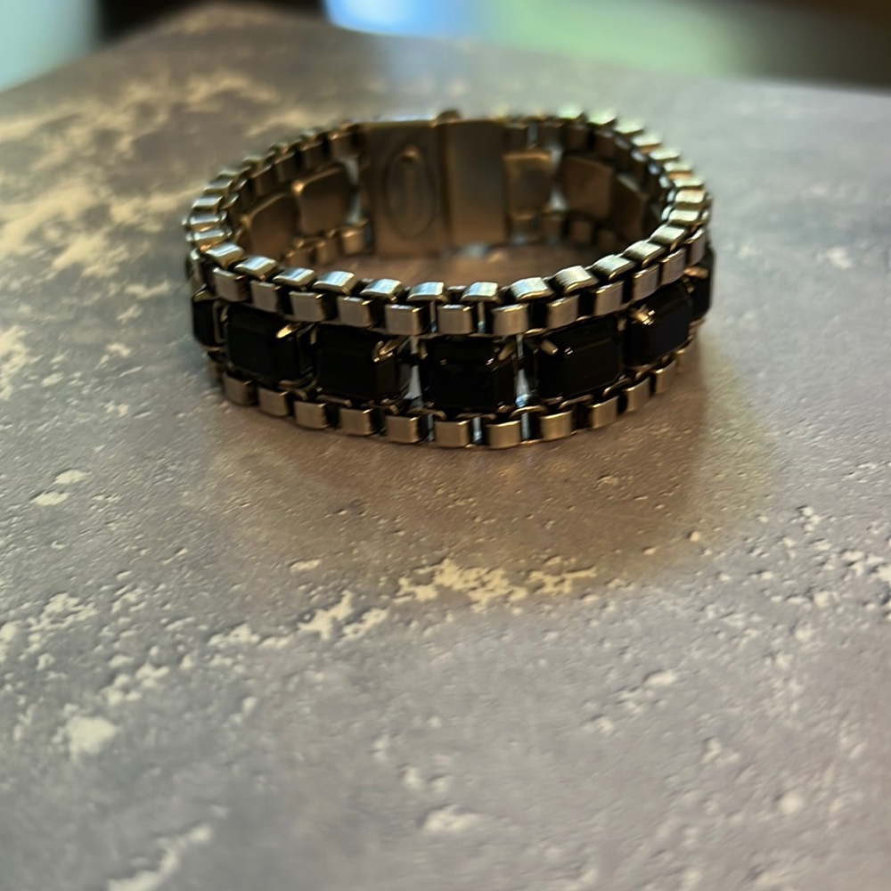Custom Box Chain and Swarovski Jet Black Crystal Bracelet.